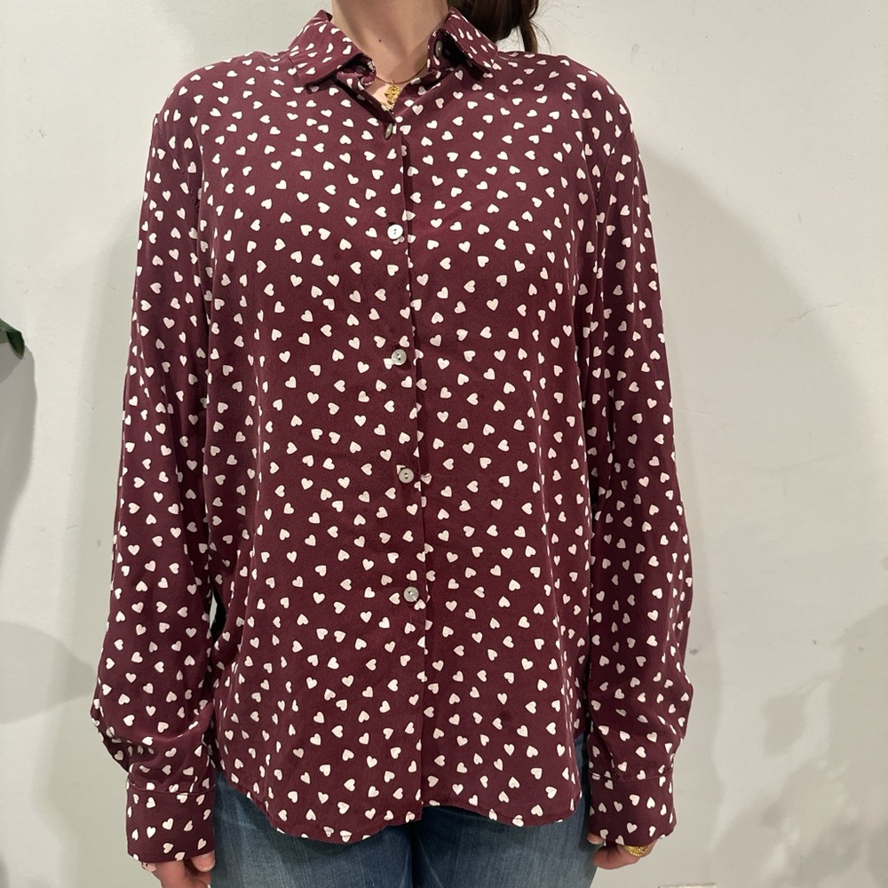 Vintage 100% silk burgundy heart print blouse Large